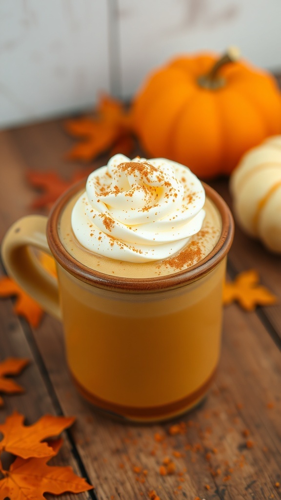 A cozy pumpkin spice latte in a ceramic mug with whipped cream and cinnamon, surrounded by autumn decorations.